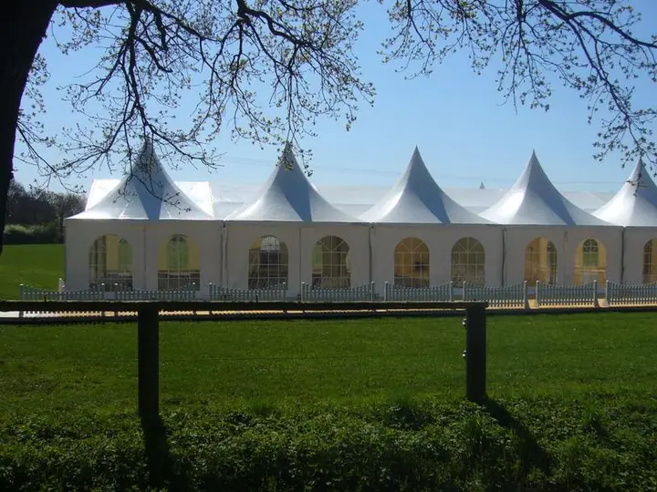 Weiße Pagodenzelte auf einer Wiese